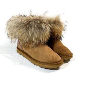 Ugg Australia Caramel Suede Mini Boots with Fox Fur Trim
